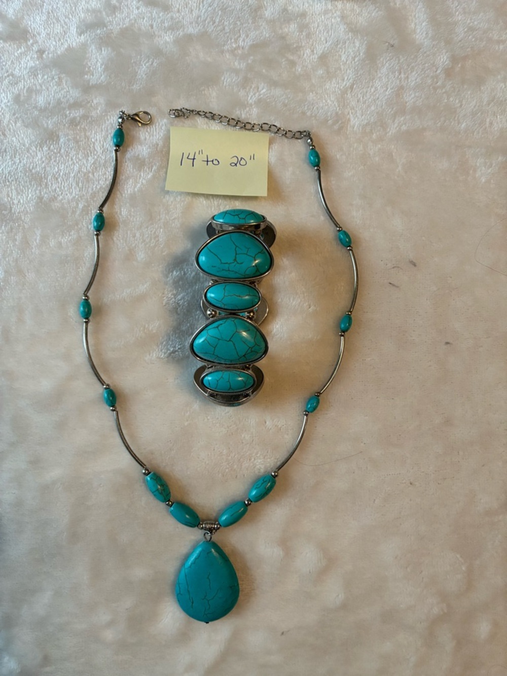 Turquoise Teardrop Pendant Necklace and Stone Bracelet - Blue